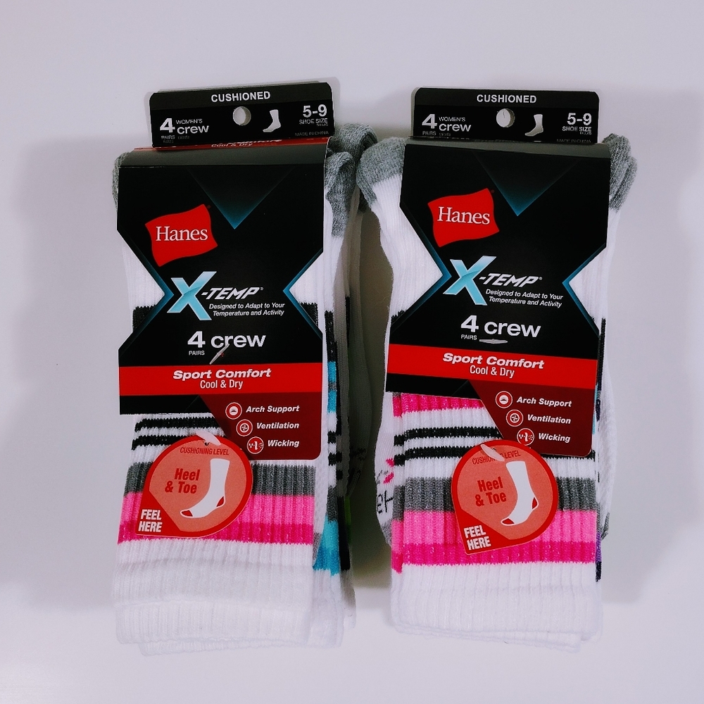 Hanes X-Temp 8 Pair Women's Crew Socks Sport Comfort Cool & Dry White Size 5-9
